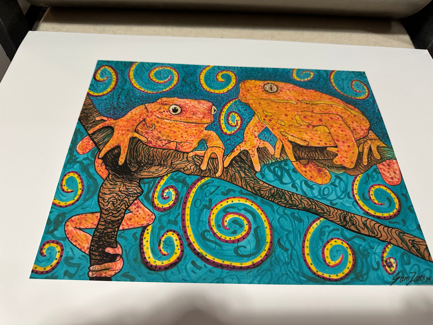 Tree Frogs Art Print Sapo Healing Art 13x19” of a markers drawing