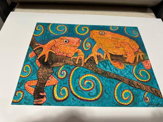 Tree Frogs Art Print Sapo Healing Art 13x19” of a markers drawing